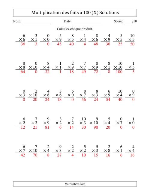 Multiplication des faits à 100 (50 Questions) (Avec zéros) (X) page 2