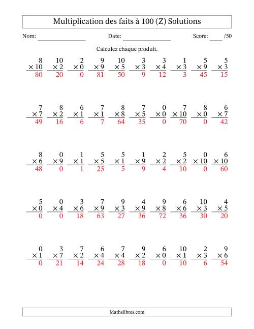 Multiplication des faits à 100 (50 Questions) (Avec zéros) (Z) page 2