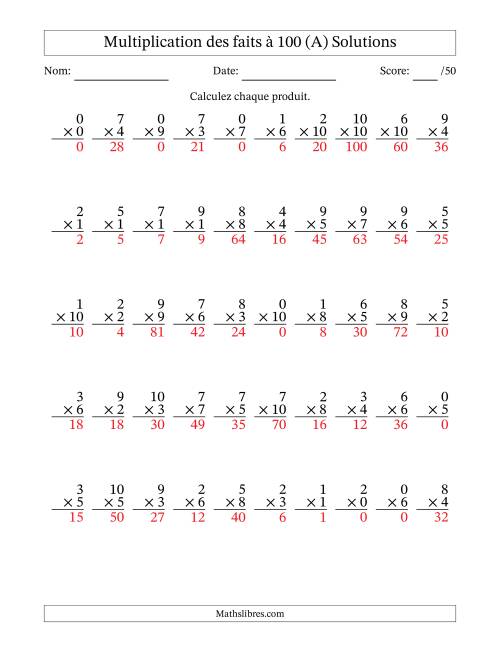 Multiplication des faits à 100 (50 Questions) (Avec zéros) (Tout) page 2