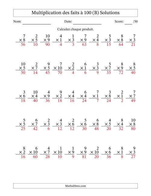 Multiplication des faits à 100 (50 Questions) (Pas de zéros) (B) page 2