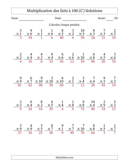 Multiplication des faits à 100 (50 Questions) (Pas de zéros) (C) page 2