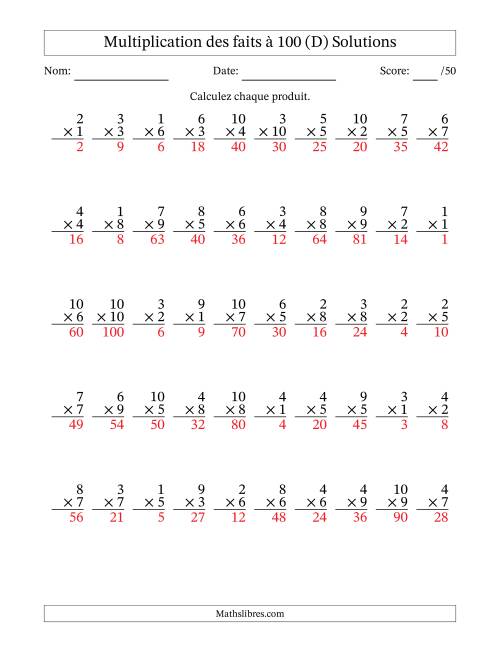 Multiplication des faits à 100 (50 Questions) (Pas de zéros) (D) page 2
