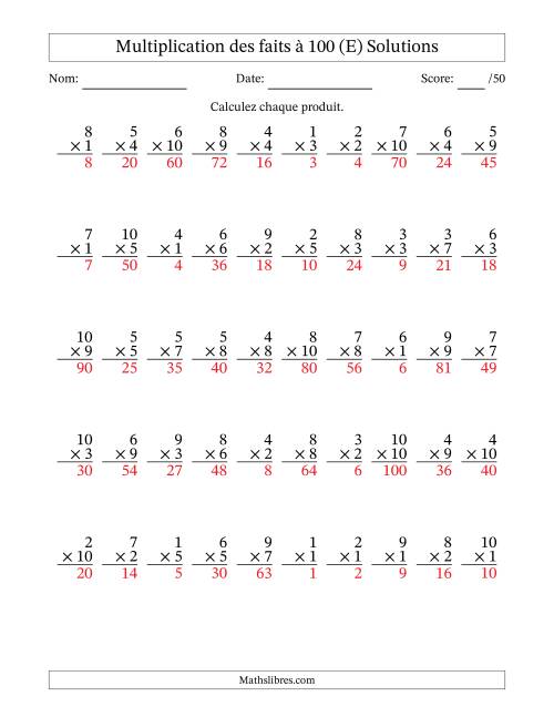 Multiplication des faits à 100 (50 Questions) (Pas de zéros) (E) page 2