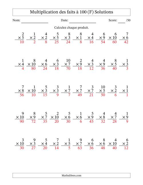 Multiplication des faits à 100 (50 Questions) (Pas de zéros) (F) page 2