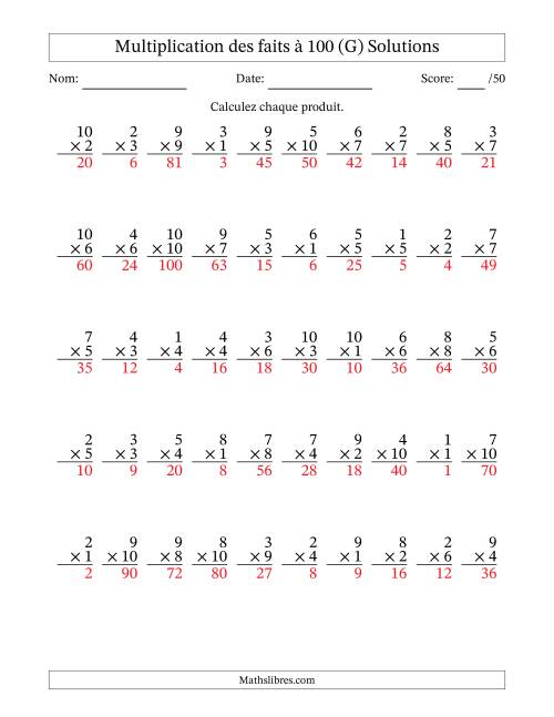 Multiplication des faits à 100 (50 Questions) (Pas de zéros) (G) page 2