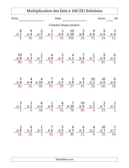 Multiplication des faits à 100 (50 Questions) (Pas de zéros) (H) page 2