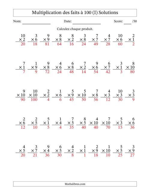 Multiplication des faits à 100 (50 Questions) (Pas de zéros) (I) page 2