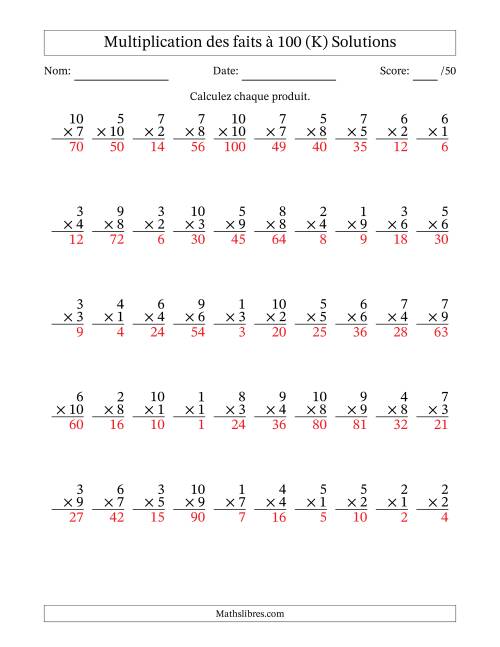 Multiplication des faits à 100 (50 Questions) (Pas de zéros) (K) page 2