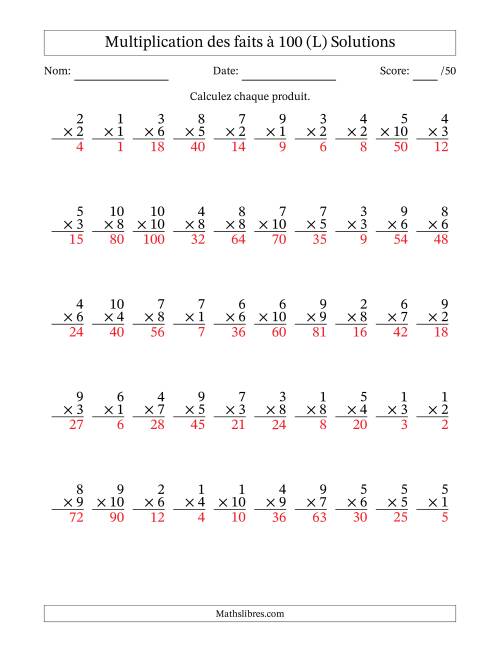 Multiplication des faits à 100 (50 Questions) (Pas de zéros) (L) page 2