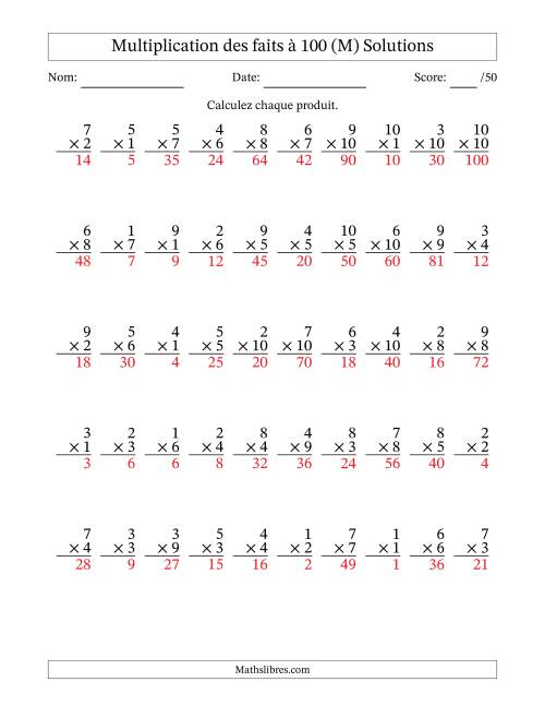 Multiplication des faits à 100 (50 Questions) (Pas de zéros) (M) page 2