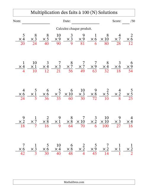 Multiplication des faits à 100 (50 Questions) (Pas de zéros) (N) page 2