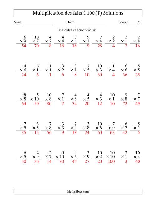 Multiplication des faits à 100 (50 Questions) (Pas de zéros) (P) page 2