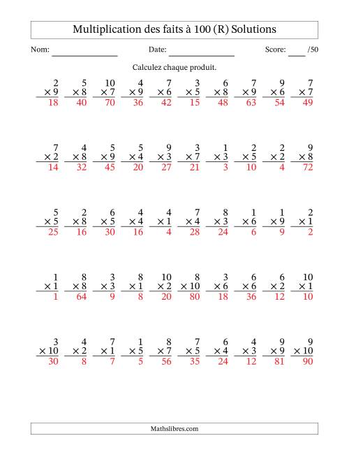 Multiplication des faits à 100 (50 Questions) (Pas de zéros) (R) page 2