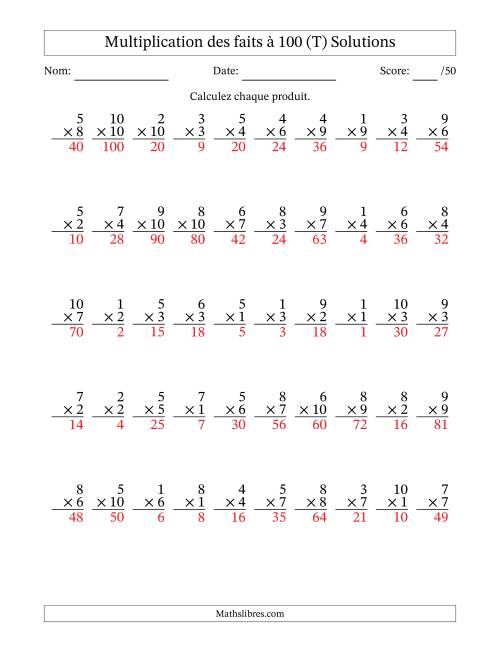 Multiplication des faits à 100 (50 Questions) (Pas de zéros) (T) page 2