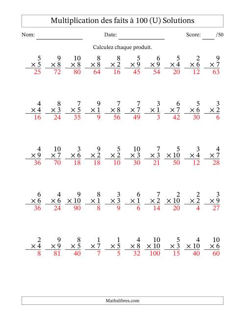 Multiplication des faits à 100 (50 Questions) (Pas de zéros) (U) page 2
