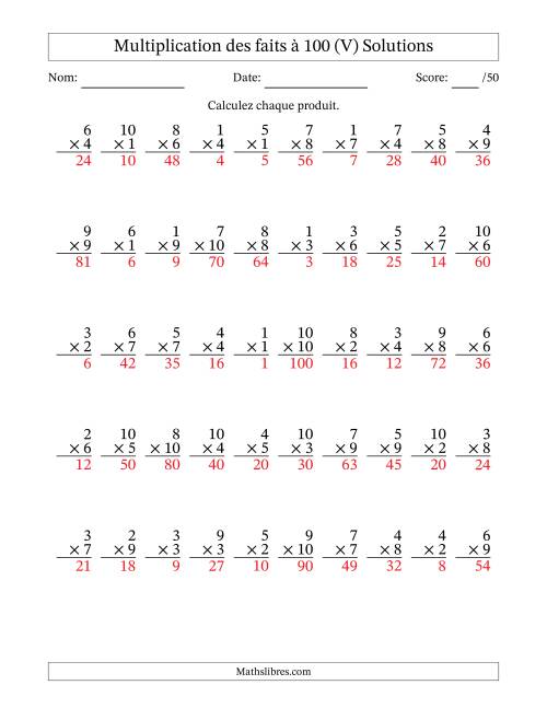 Multiplication des faits à 100 (50 Questions) (Pas de zéros) (V) page 2