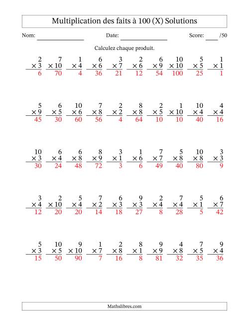 Multiplication des faits à 100 (50 Questions) (Pas de zéros) (X) page 2