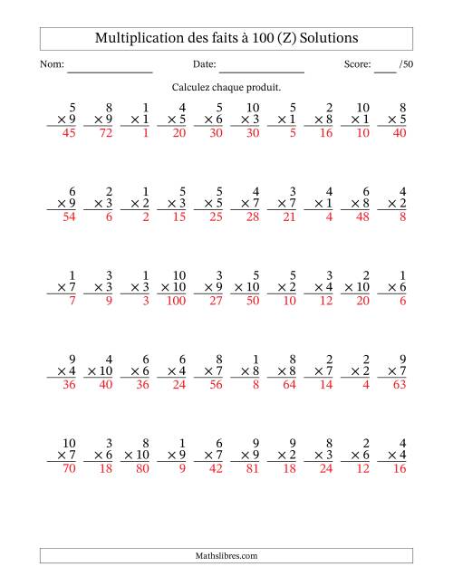 Multiplication des faits à 100 (50 Questions) (Pas de zéros) (Z) page 2