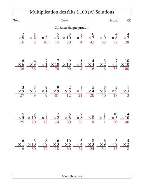 Multiplication des faits à 100 (50 Questions) (Pas de zéros) (Tout) page 2