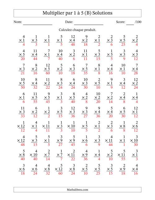 Multiplier (1 à 12) par 1 à 5 (100 Questions) (B) page 2