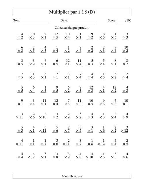 Multiplier (1 à 12) par 1 à 5 (100 Questions) (D)