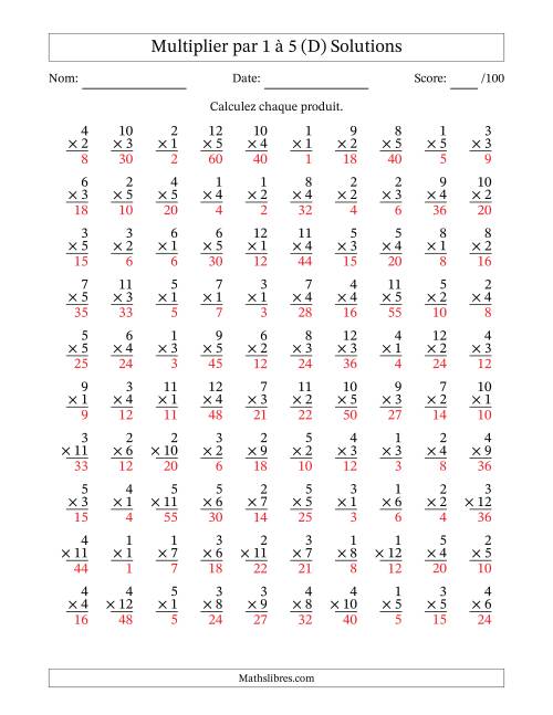 Multiplier (1 à 12) par 1 à 5 (100 Questions) (D) page 2