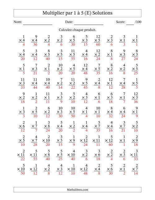 Multiplier (1 à 12) par 1 à 5 (100 Questions) (E) page 2