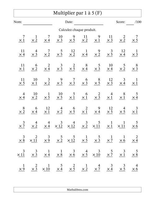 Multiplier (1 à 12) par 1 à 5 (100 Questions) (F)