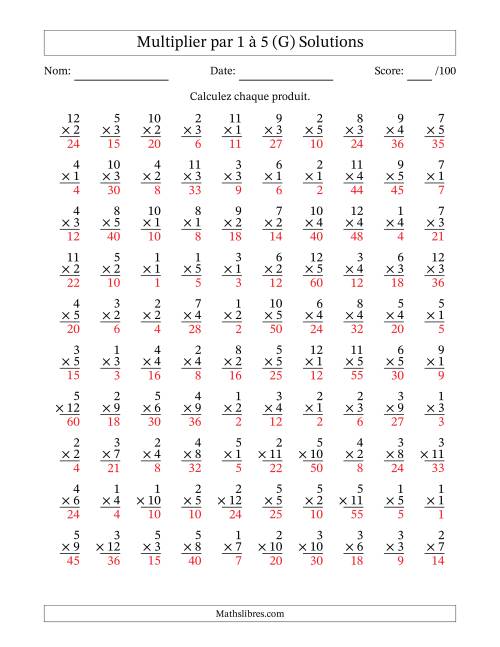 Multiplier (1 à 12) par 1 à 5 (100 Questions) (G) page 2