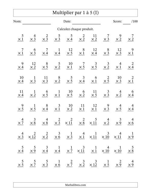 Multiplier (1 à 12) par 1 à 5 (100 Questions) (I)
