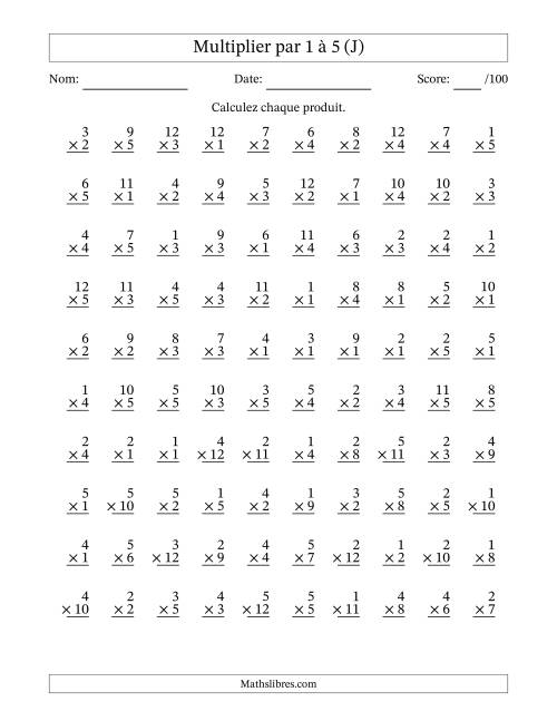 Multiplier (1 à 12) par 1 à 5 (100 Questions) (J)