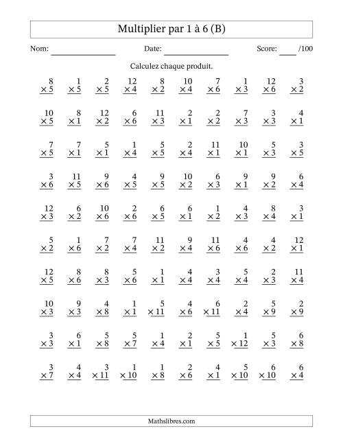 Multiplier (1 à 12) par 1 à 6 (100 Questions) (B)