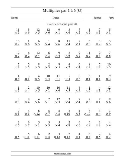 Multiplier (1 à 12) par 1 à 6 (100 Questions) (G)