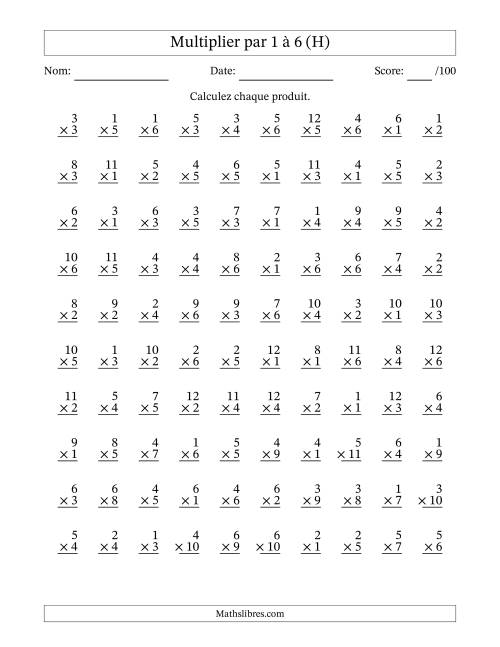 Multiplier (1 à 12) par 1 à 6 (100 Questions) (H)