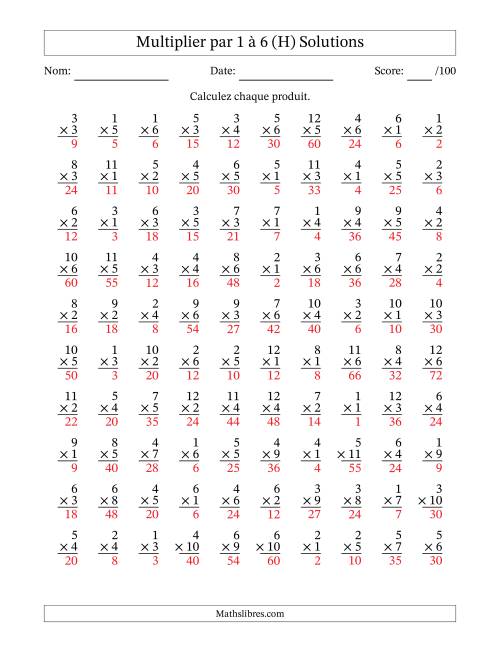 Multiplier (1 à 12) par 1 à 6 (100 Questions) (H) page 2