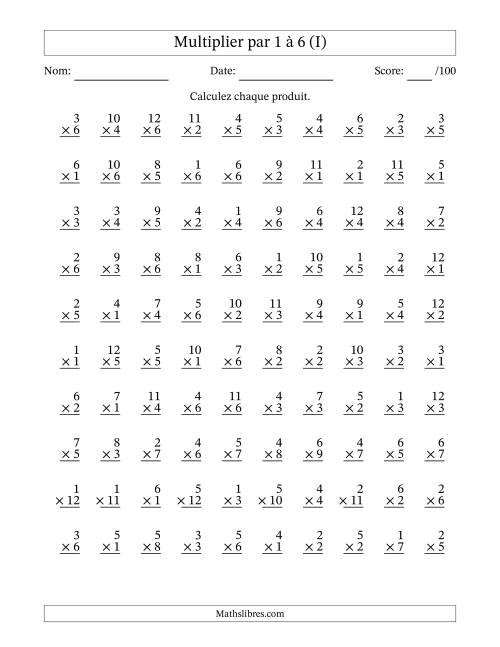 Multiplier (1 à 12) par 1 à 6 (100 Questions) (I)