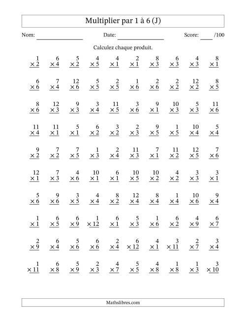 Multiplier (1 à 12) par 1 à 6 (100 Questions) (J)