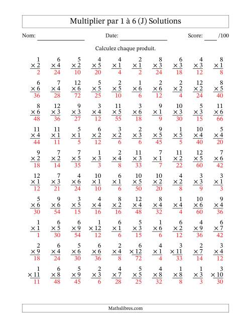Multiplier (1 à 12) par 1 à 6 (100 Questions) (J) page 2