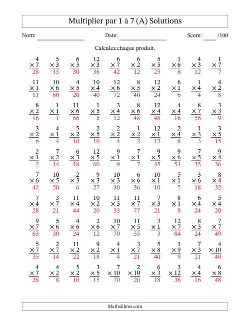 Multiplier (1 à 12) par 1 à 7 (100 Questions) (A) page 2