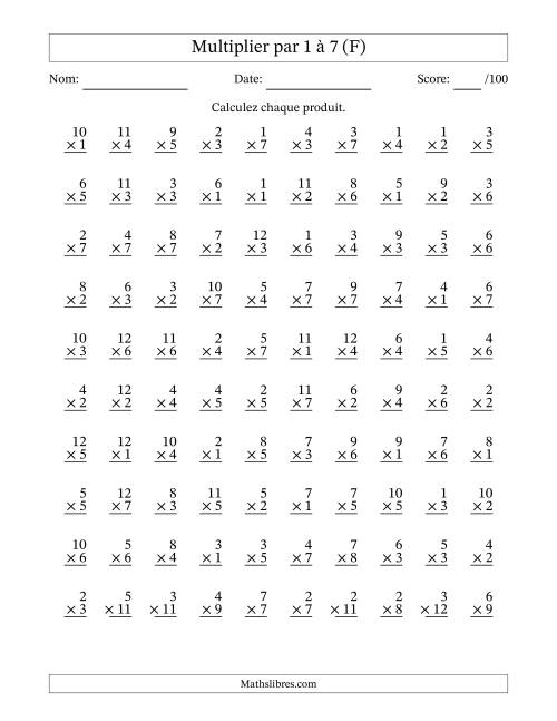 Multiplier (1 à 12) par 1 à 7 (100 Questions) (F)