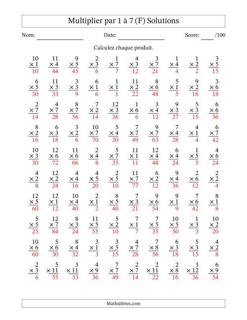 Multiplier (1 à 12) par 1 à 7 (100 Questions) (F) page 2