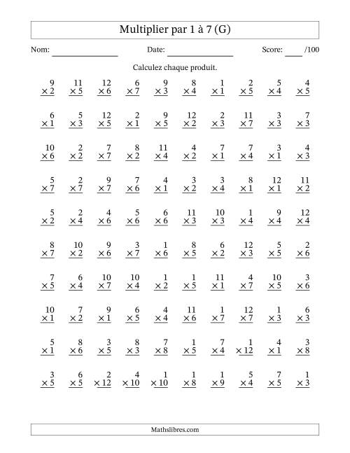 Multiplier (1 à 12) par 1 à 7 (100 Questions) (G)
