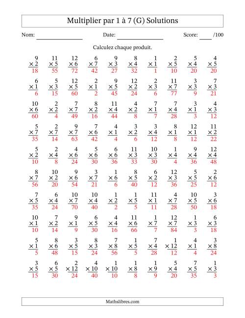 Multiplier (1 à 12) par 1 à 7 (100 Questions) (G) page 2