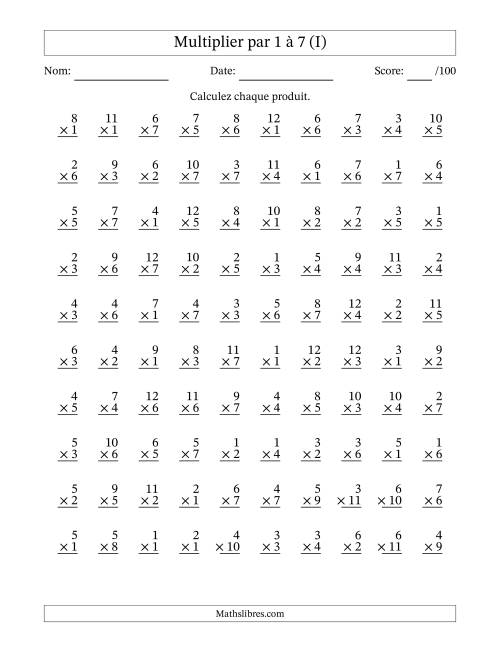 Multiplier (1 à 12) par 1 à 7 (100 Questions) (I)