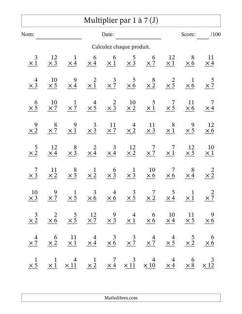 Multiplier (1 à 12) par 1 à 7 (100 Questions) (J)