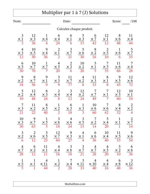 Multiplier (1 à 12) par 1 à 7 (100 Questions) (J) page 2