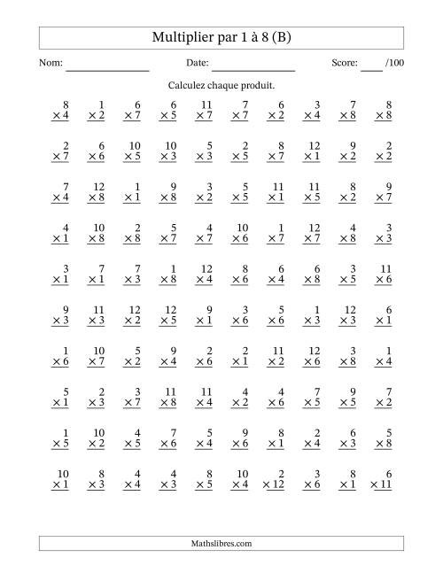 Multiplier (1 à 12) par 1 à 8 (100 Questions) (B)