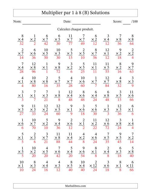 Multiplier (1 à 12) par 1 à 8 (100 Questions) (B) page 2