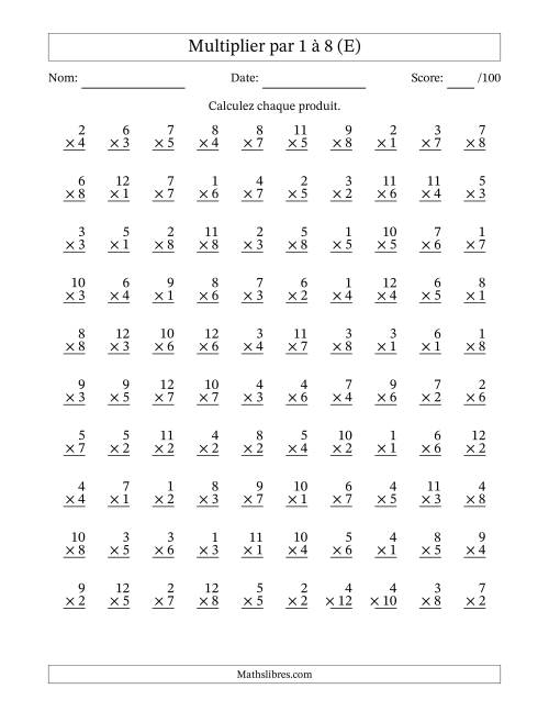 Multiplier (1 à 12) par 1 à 8 (100 Questions) (E)