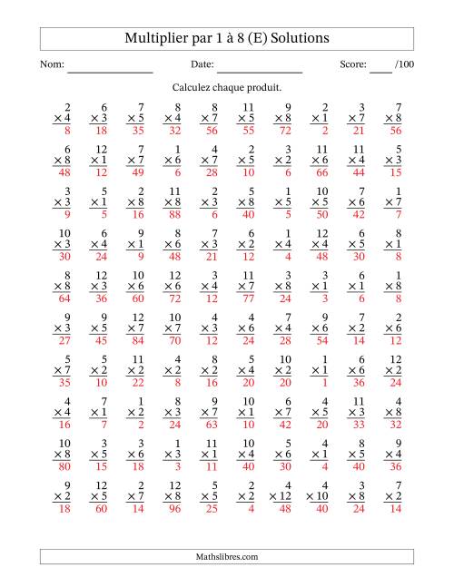 Multiplier (1 à 12) par 1 à 8 (100 Questions) (E) page 2